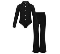 YEAHDOR Completo da Danza Classica Latino Americano Ragazzo Camicia da Ballo Ballerina con Bottoni Bodysuit Manica Lunga + Pantaloni a Palazzo per Samba Rumba Nero 10 Anni
