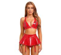 YEAHDOR Completo da Rave da Donna Reggiseno Aperto Pelle Lucido Bralette Push up + Minigonna Wetlook Lingerie Abito da Discoteca Cocktail Party Clubwear Rosso L