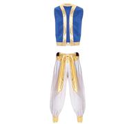 YEAHDOR Costume Aladino Principe Uomo Costume da Genio Arabo Deluxe Gilet Aperto sul Davanti Senza Manica e Pantaloni Costumi Carnevale Halloween Feste a Tema Blu A M
