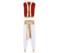 YEAHDOR Costume Aladino Principe Uomo Costume da Genio Arabo Deluxe Gilet Aperto sul Davanti Senza Manica e Pantaloni Costumi Carnevale Halloween Feste a Tema Rosso A M