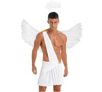 YEAHDOR Costume Cupido Angelo da Uomo con Ali Piumate e Aureola Costume da Eros Monospalla Toga Romana Greca Augustus Costume Romano Giulio Cesare Cosplay Bianco L