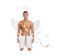 YEAHDOR Costume Cupido Angelo da Uomo con Ali Piumate e Aureola Costume da Eros Monospalla Toga Romana Greca Augustus Romano Giulio Cesare Cosplay Bianco A M