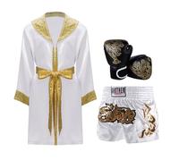 YEAHDOR Costume da Boxeador Bambini Robe Vestaglia da Boxe Accappatoio + Guantoni da Boxe + Pantaloncini Kick Boxing per Arti Marziali MMA Costumi in Maschera Avorio B 9-10 anni