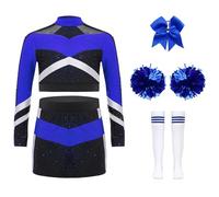 YEAHDOR Costume da cheer-leader per Bambina Crop Top e Gonna Uniforme da Cheerleadering con Pompon Calzini e Fascia Cosplay per Carnevale Feste a Tema C Blu 11-12 anni