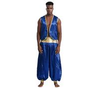 YEAHDOR Costume da Principe Aladdino per Uomo Costume da Sceicco Arabo Giacca Senza Manica Gilet Aperto Daventi + + Pantaloni Harem Bloomers Costumi in Maschera Blu reale e blu reale L
