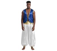YEAHDOR Costume da Principe Aladdino per Uomo Costume da Sceicco Arabo Giacca Senza Manica Gilet Aperto Daventi + + Pantaloni Harem Bloomers Costumi in Maschera Blu reale e bianco 4XL