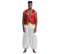YEAHDOR Costume da Principe Aladdino per Uomo Costume da Sceicco Arabo Giacca Senza Manica Gilet Aperto Daventi + + Pantaloni Harem Bloomers Costumi in Maschera Borgogna&Bianco L