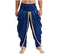 YEAHDOR Costume da Uomo Arabo Oriente Sultano Sceicco Olio Principe Pantaoni Lunghi in Raso Pantaloni alla Zuava Indiano Harem Pants Blu Scuro L