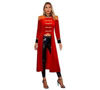 YEAHDOR Costume Domatrice Circo Donna Giacca da Smoking Ringmaster Trench Lungo Cappotto Medievale Uniforme da Guardia Festa a Tema Carnevale Halloween Rosso A S