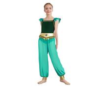 YEAHDOR Costume Odalisca Araba Danzatrice del Ventre Bambina Abito da Ballo Indiano Arabo Vestito Principessa Jumpsuit con Pantaloni Tulle Costume Halloween Verde 11-12 anni