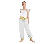 YEAHDOR Costume Odalisca Araba Danzatrice del Ventre Bambina Abito da Ballo Indiano Arabo Vestito Principessa Jumpsuit con Pantaloni Tulle Costume Halloween Bianco 9-10 anni