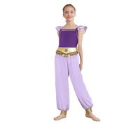 YEAHDOR Costume Odalisca Araba Danzatrice del Ventre Bambina Abito da Ballo Indiano Arabo Vestito Principessa Jumpsuit con Pantaloni Tulle Costume Halloween Viola 15-16 anni