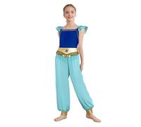 YEAHDOR Costume Odalisca Araba Danzatrice del Ventre Bambina Abito da Ballo Indiano Arabo Vestito Principessa Jumpsuit con Pantaloni Tulle Costume Halloween Blu 11-12 anni