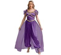 YEAHDOR Costume Principessa Araba Donna Costume da Danzatrice del Ventre Belly Dance Jumpsuit con Paillettes con Tulle Cosplay Carnevale Viola scuro M