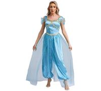 YEAHDOR Costume Principessa Araba Donna Costume da Danzatrice del Ventre Belly Dance Jumpsuit con Paillettes con Tulle Cosplay Carnevale Lago blu L