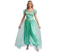 YEAHDOR Costume Principessa Araba Donna Costume da Danzatrice del Ventre Belly Dance Jumpsuit con Paillettes con Tulle Cosplay Carnevale Turchese L