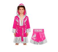 YEAHDOR Costume Pugile Campione del Mondo Bambini Accappatoio da Pugilato 100% Raso Cappotto a Manica Lunga + Pantaloncini Boxe Muay Thai MMA Kickboxing Argento rosa caldo C 9-10 anni