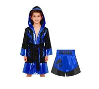 YEAHDOR Costume Pugile Campione del Mondo Bambini Accappatoio da Pugilato 100% Raso Cappotto a Manica Lunga + Pantaloncini Boxe Muay Thai MMA Kickboxing Nero Blu C 13-14 anni