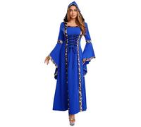 YEAHDOR Costume Regina Medievale Deluxe Donna Abito Rinascimentale con Cappuccio Maniche a Tromba Vestito Vittoriano Costume per Giochi di Ruolo Festa Halloween Blu scuro L