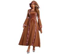 YEAHDOR Costume Regina Medievale Deluxe Donna Abito Rinascimentale con Cappuccio Maniche a Tromba Vestito Vittoriano Costume per Giochi di Ruolo Festa Halloween Cachi XL