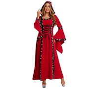 YEAHDOR Costume Regina Medievale Deluxe Donna Abito Rinascimentale con Cappuccio Maniche a Tromba Vestito Vittoriano Costume per Giochi di Ruolo Festa Halloween Rosso S
