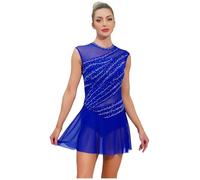 YEAHDOR Donna Abito da Pattinaggio Artistico sul Ghiaccio Paillettes Body da Balletto Senza Maniche Leotards Danza Classica Vestito Ballo Lirico Dancewear Blu Reale S