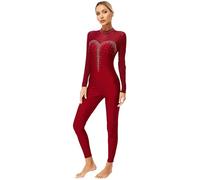 YEAHDOR Donna Balletto Body da Ginnastica Pattinaggio Artistico Leotard con Strass Tuta Intera Bodysuit Jumpsuit Sportiva Manica Lunga Abito da Jazz Danza Moterna D Borgogna M
