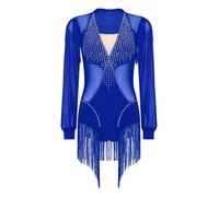 YEAHDOR Donna Balletto Body per Danza Ballet Leotard da Ginnastica con Nappe Frange Tuta da Jazz Tango Samba Salsa Abito da Ballo Latino Americano Dancewear Blu reale A M