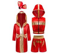 YEAHDOR Ragazzi Cappotto da Boxe Costumi Pugile Accappatoio Boxe + Ambassador Boxing Tank Top + Pantaloncini + Guantoni da Boxe Abbigliamento Arti Marziali Rosso 9-10 anni