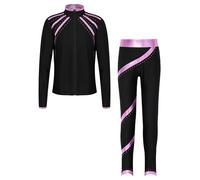 YEAHDOR Tuta da Pattinaggio su Ghiaccio Bambina Paillettes Giacca Sportiva a Maniche Lunghe con Cerniera Giacca in Softshell Pantaloni da Allenamento Collant Skating Rosa 5-6 Anni
