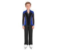 YEAHDOR Tute da Pattinaggio Artistico per Bambini e Ragazzi Crop Top Camicia con Scollo a V + Pantaloni da Ballo Latino Completo da Pattinaggio sul Ghiaccio Blu reale + nero 7-8 anni
