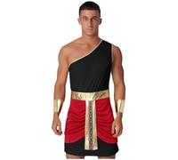 YEAHDOR Uomo Costume di Augusto e Romano Tunica Toga Monospalla Costume Dio Greco Abito Giulio Cesare Vestito Antico Romano per Carnevale e Halloween Nero Rosso XL