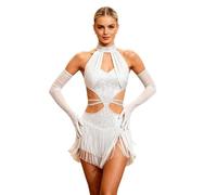 YEAHDOR Vestito Latino Americano Donna Vestiti Performance con Fiocchi Abito da Pattinaggio Artistico con Strass Vestito da Ballo Ballroom Bianco 3XL