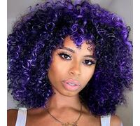 YEAME Parrucche ricce per donne nere, parrucca afro riccia con frangia, capelli sintetici viola misti blu, parrucca afro riccia con 1 pettine per parrucca e 4 cuffie per parrucca