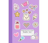 Year 1 Exercise Book - Kawaii Sticker Design with Purple Background - Half Lined Half Plain A4 Workbook for Reception & KS1 - Dotted Midline Handwriting & Drawing - Summer & Spring Term