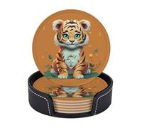 Year of the Tiger - Set di 6 sottobicchieri divertenti in pelle con supporto, resistenti al calore, sottobicchieri rotondi, per bevande calde e fredde