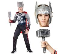 Yearsahrk Costume da Thor per bambini, 4 pezzi, set di 4 pezzi, maschera da supereroe, mantello a martello, carnevale, Halloween, cosplay, accessori di scena