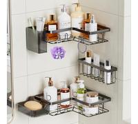 YEAUPE PRO Set di 5 mensole da bagno, senza trapano, con 2 ripiani angolari, portasapone, portaspazzolino e cestino, montaggio adesivo, colore: nero opaco