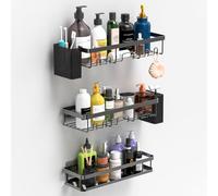 YEAUPE PRO Set di 5 mensole per doccia senza trapano, colore: nero, 2 ripiani grandi, 1 cestino spazioso e 2 portaspazzolini, fissaggio adesivo invisibile, resistente alla ruggine