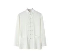 YEBAITOU Camicia a maniche lunghe da uomo stile cinese retrò cotone sciolto canapa tai chi zen, bianco, XS