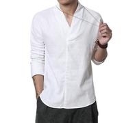 YEBAITOU Camicia casual casual casual da uomo stile cinese a maniche lunghe canapa cotone lino, bianco, XS