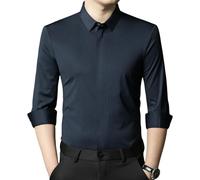 YEBAITOU Uomo Primavera Autunno di Seta Ghiaccio Elastico Nascosto Chiusura Lampo Risvolto Tinta unita Business Casual Camicia Manica, Marina Militare, S