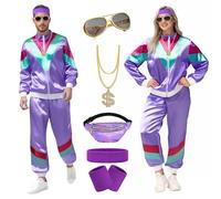 yecwkaz Costume Anni 80 90 Uomo Donna, 7 Pcs Accessori Anni 80 Set Con Fascia Occhiali Collana Vestiti per Hip-Hop Jogging Discoteca Carnevale-Purple-S