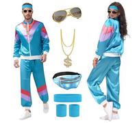 yecwkaz Costume Anni 80 90 Uomo Donna, 7 Pcs Accessori Anni 80 Set Con Fascia Occhiali Collana Vestiti per Hip-Hop Jogging Discoteca Carnevale-Blue-S
