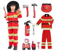 yecwkaz Costume da Pompiere per Bambini, 10PCS Vigile del Fuoco Gioco Con Estintore Giocattolo, Capo dei Pompieri Cosplay per Vestito Carnevale Halloween Esercitazioni Antincendio,110cm