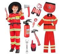 yecwkaz Costume da Pompiere per Bambini, 10PCS Vigile del Fuoco Gioco Con Estintore Giocattolo, Capo dei Pompieri Cosplay per Vestito Carnevale Halloween Esercitazioni Antincendio,130cm