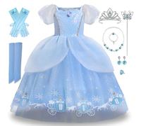 yecwkaz Vestito Cenerentola Bambina Principessa Cenerentola Costume con Corona Collana Bracciali Guanti per bambina Carnevale Natale Compleanno Costume Taglia 3-10 Anni(140)