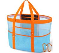 Yeendibo Chic & Spacious - Borsa da spiaggia XXL da donna, 12 tasche, in rete impermeabile, leggera, include 2 moschettoni, Blu Con Arancione, XX-Large, Resistente alla sabbia