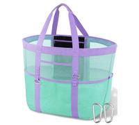 Yeendibo Chic & Spacious - Borsa da spiaggia XXL da donna, 12 tasche, in rete impermeabile, leggera, include 2 moschettoni, viola e verde, XX-Large