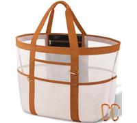 Yeendibo Chic & Spacious - Borsa da spiaggia XXL da donna, 12 tasche, in rete impermeabile, leggera, include 2 moschettoni, Bianco e marrone., XX-Large